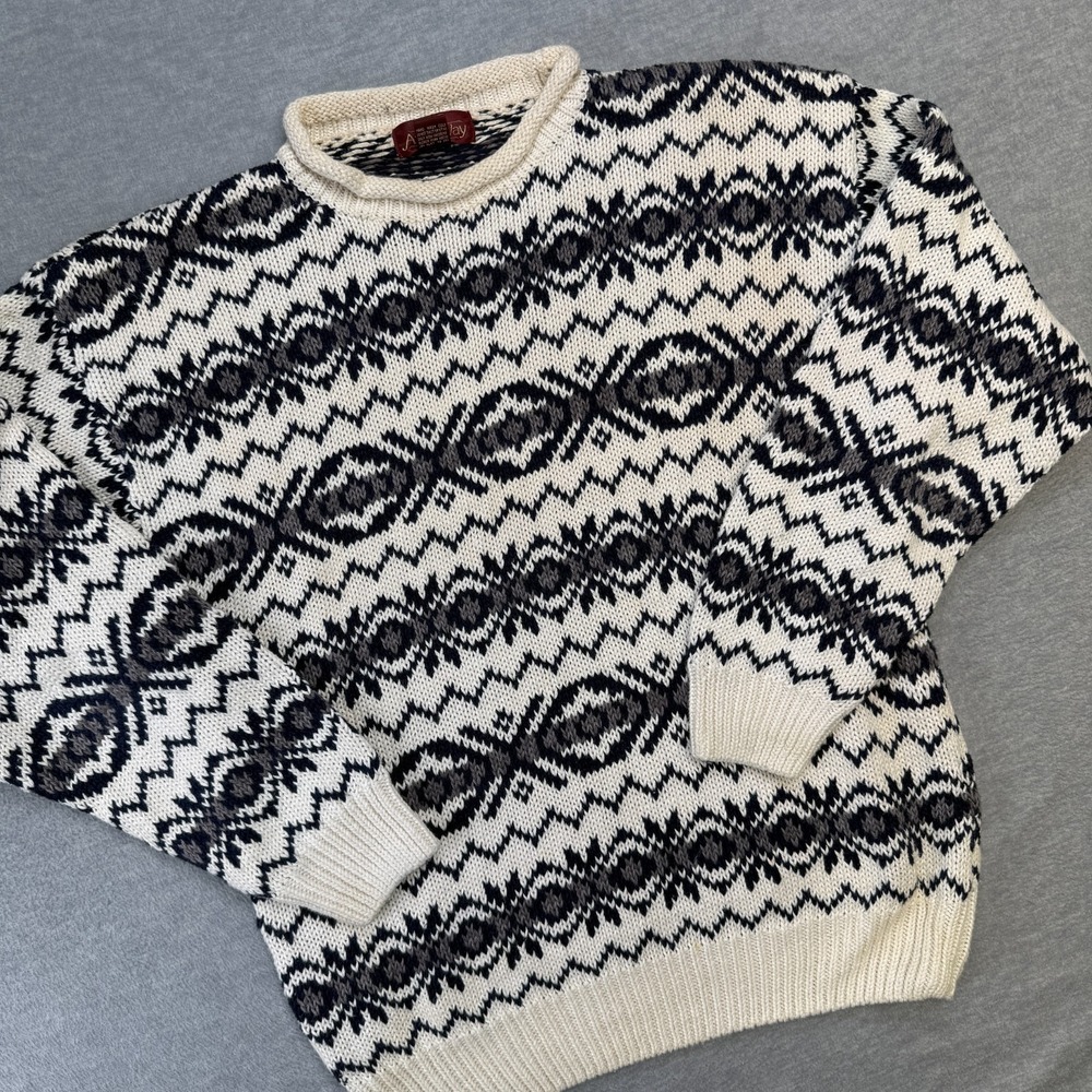 VTG Arbor Way Sweater Adult Large Cream Blue Roll Neck Chunky Knit Geometric 90s